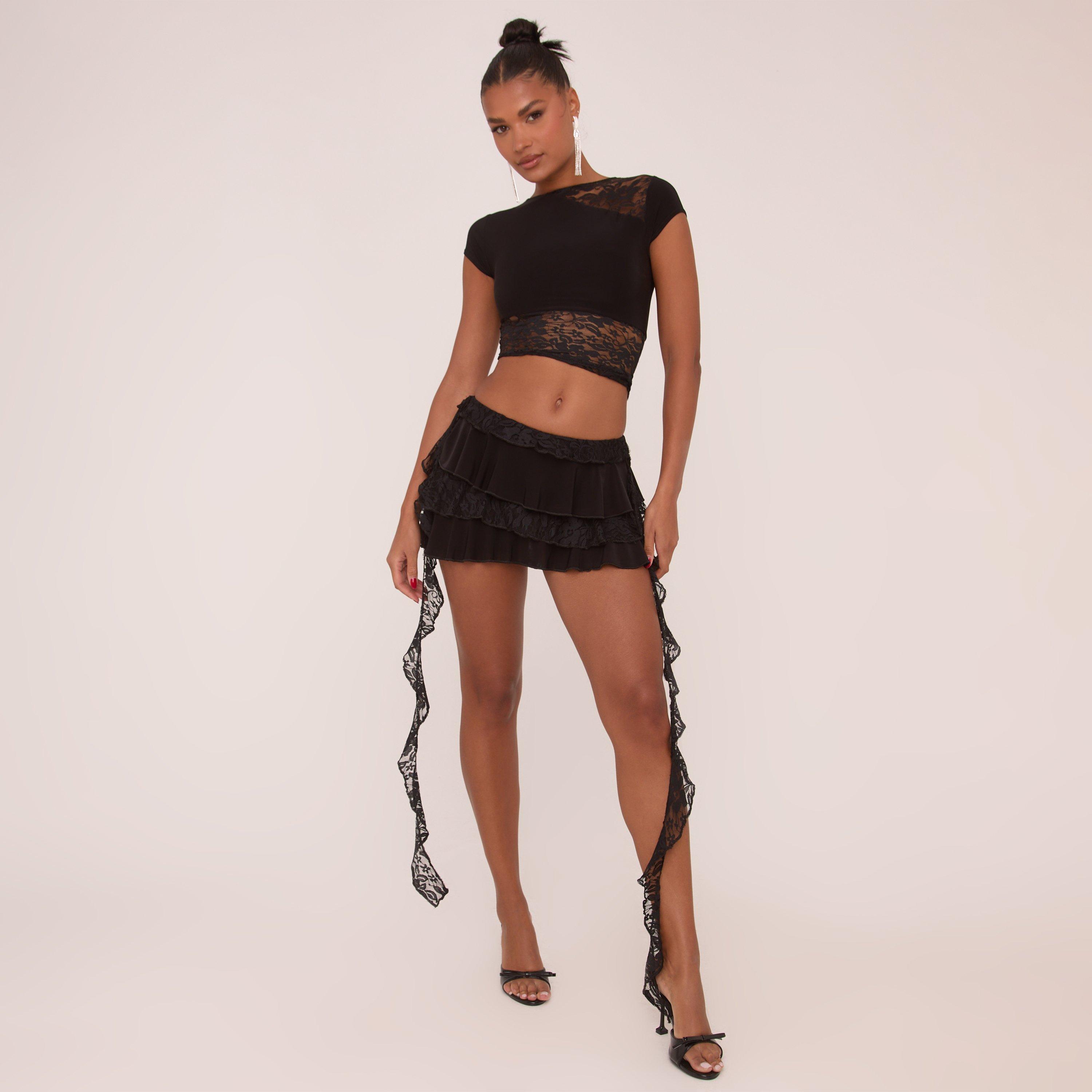 Low Rise Lace Detail Frilly Mini Skirt In Black Slinky, Women's Size UK 16