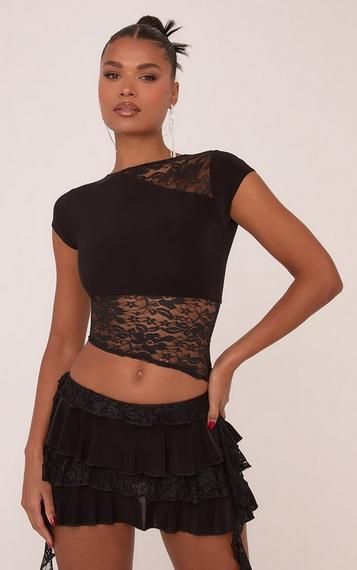 Long Sleeve Tie Front Frill Detail Crop Top In Hot Pink Lace Long Sleeve Tie Front Frill Detail Crop Top In Hot Pink Lace
