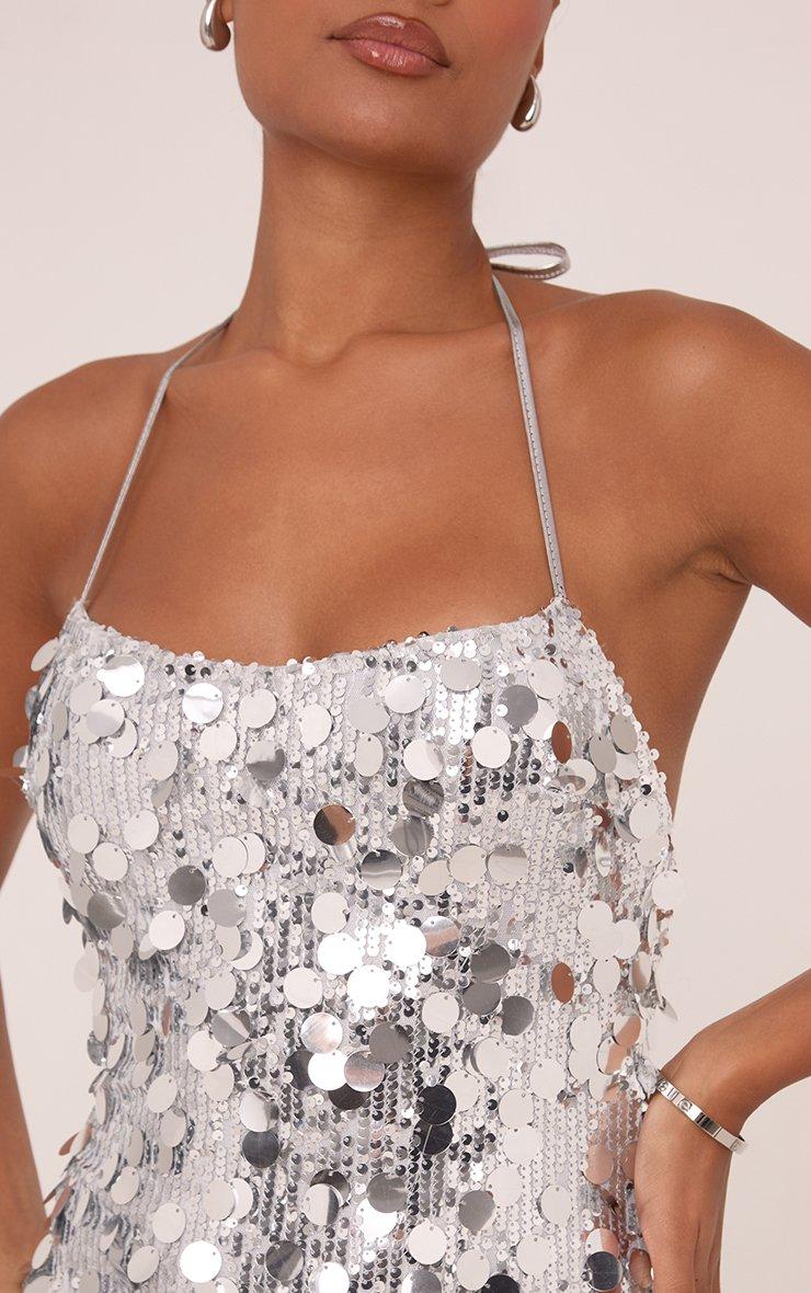 Strappy V Neck Mini Dress In Silver Disc Sequin | EGO US | EGO