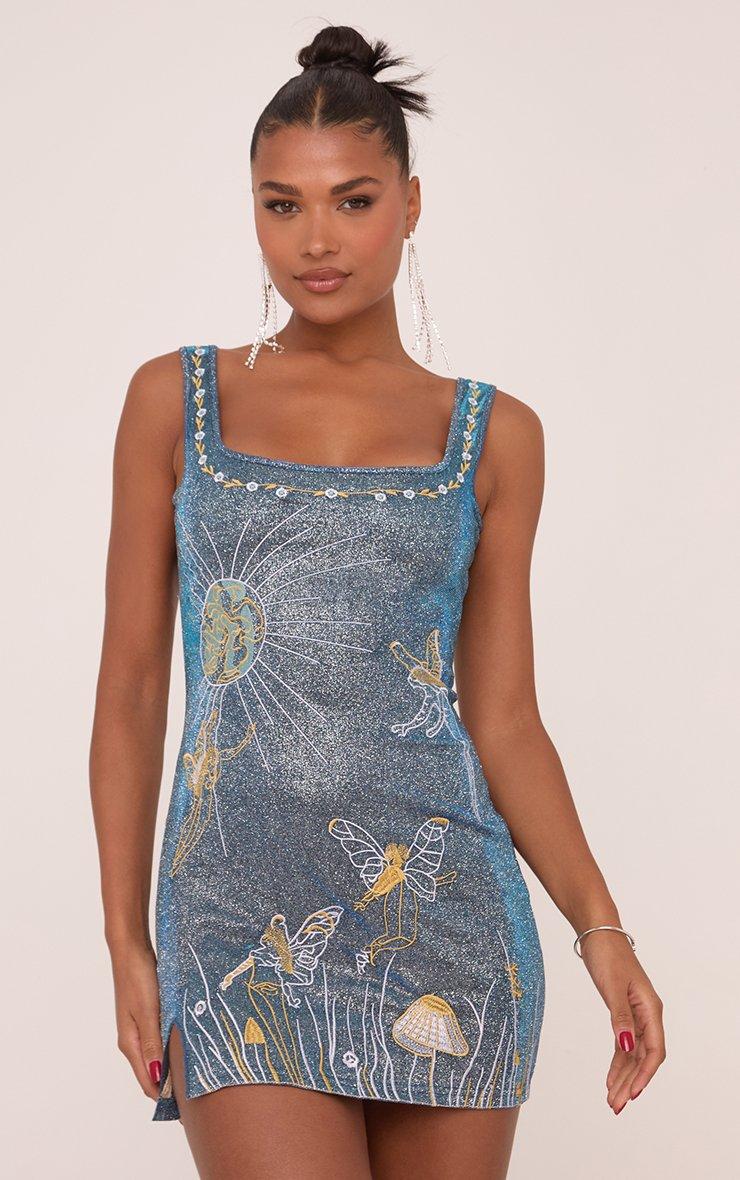 【わく】 Square Neck Midnight Graphic Print Mini Bodycon Dress In Blue