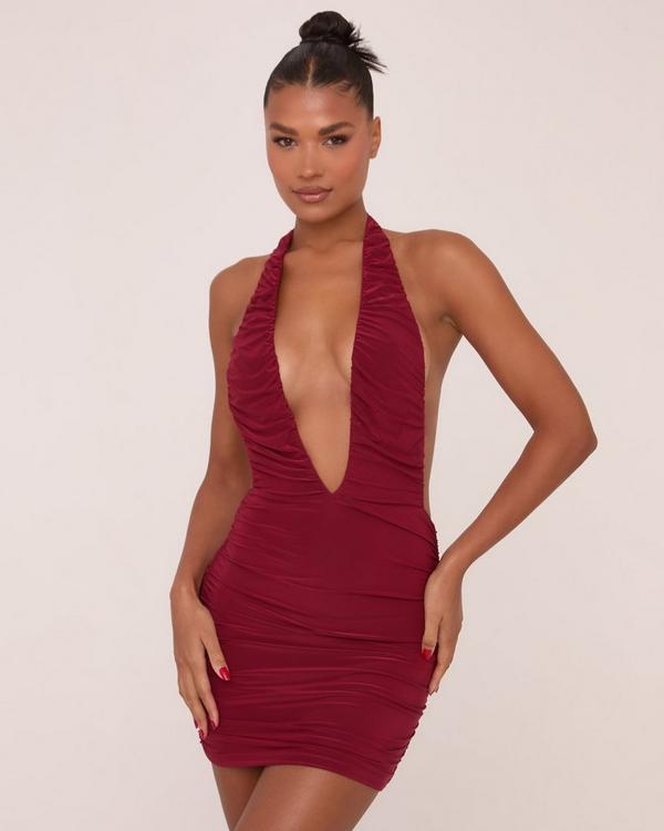 Extreme Plunge Double Layer Ruched Mini Dress In Burgundy Slinky EGO