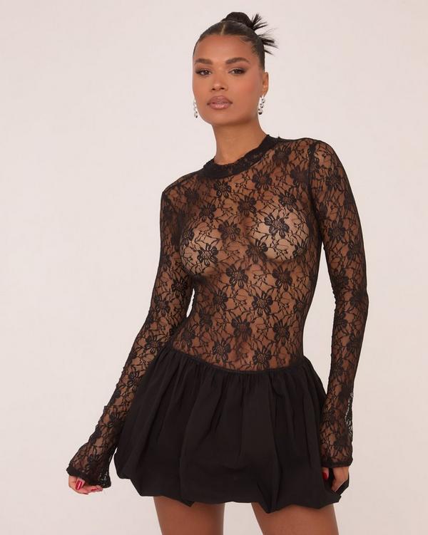 Long Sleeve Puffball Mini Dress In Black Lace EGO