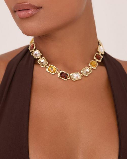 Multi Gem Detail Chunky Necklace In Gold