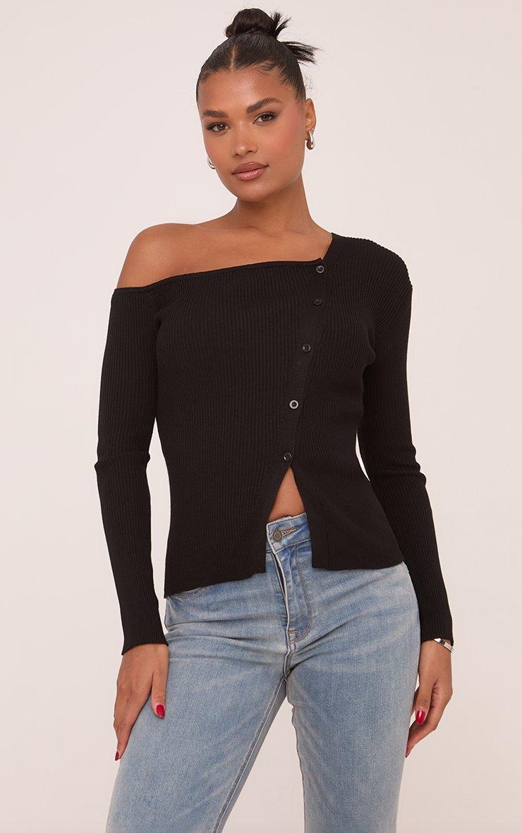 トップス Eaphi MULTI SHOULDER PARTS RIB TOPS Long Sleeve Off The Shoulder Button Up Top In Black Rib | EGO UK | EGO