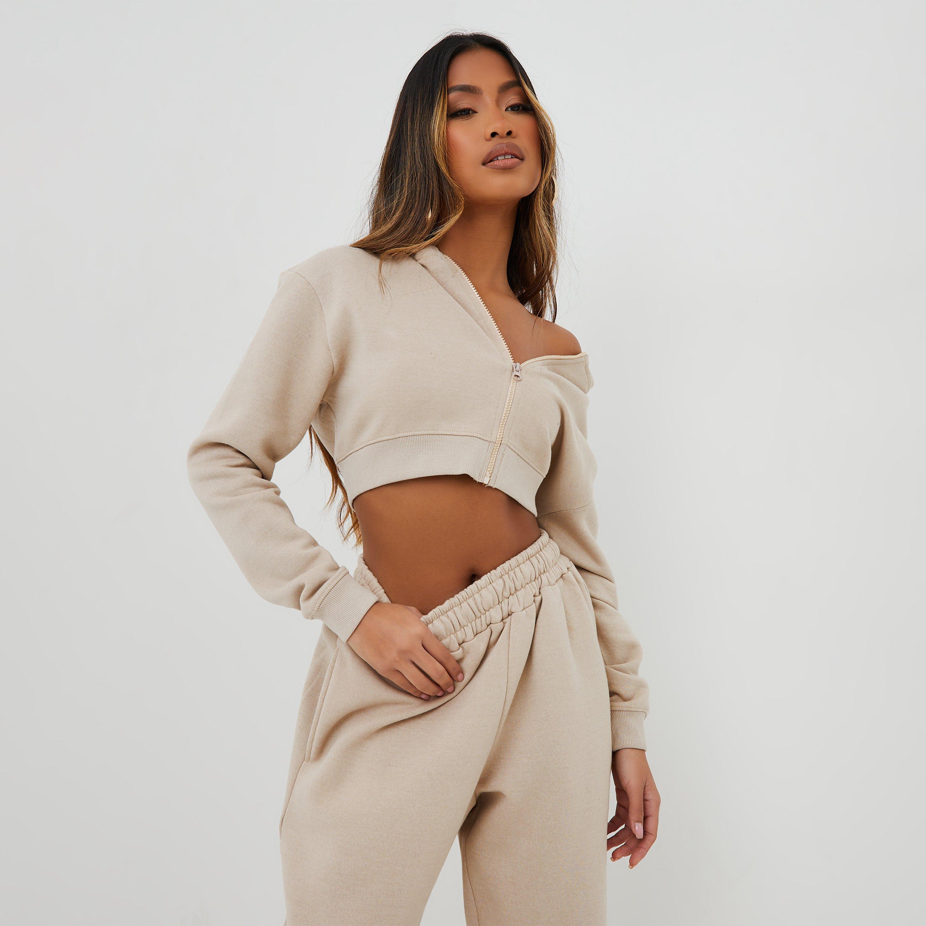 Long Sleeve Oversized Zip Detail Cropped Hoodie In Beige, Women's Size UK 6