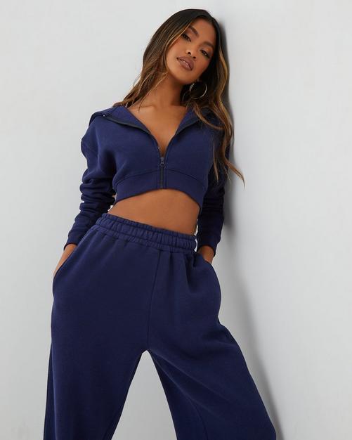 Navy Women Track Suit, Wide Leg Pants Set, Sweatshirt Track Suit