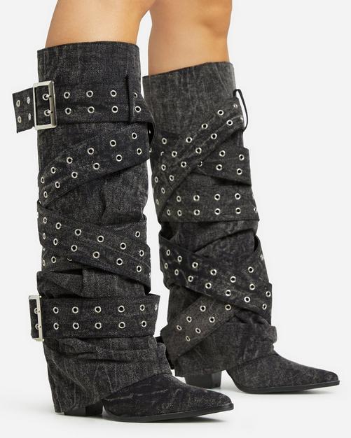 Leila Layered Knit Detail Square Toe Platform Block Heel Calf Boot