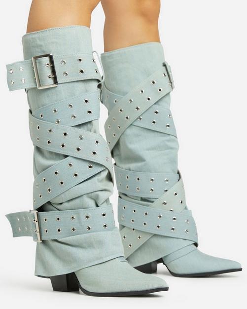 Leila Layered Knit Detail Square Toe Platform Block Heel Calf Boot