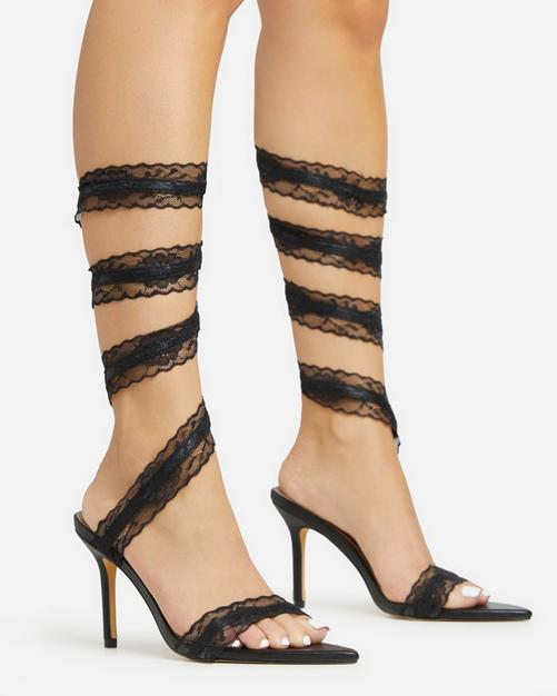 Fly-Away Lace Up Butterfly Detail Square Toe Stiletto Heel In Black Faux  Leather