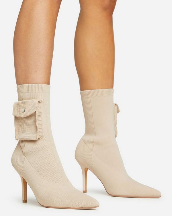 Talia Pocket Detail Pointed Toe Stiletto Heel Ankle Sock Boot In Beige Knit