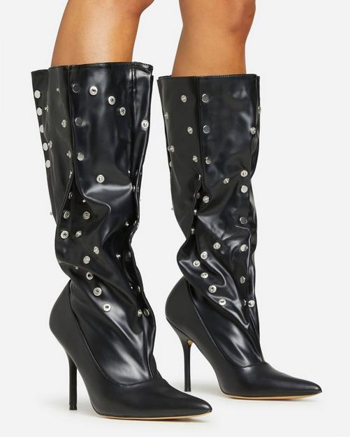 Kelsie embroidered western thigh high long boot in black faux clearance leather