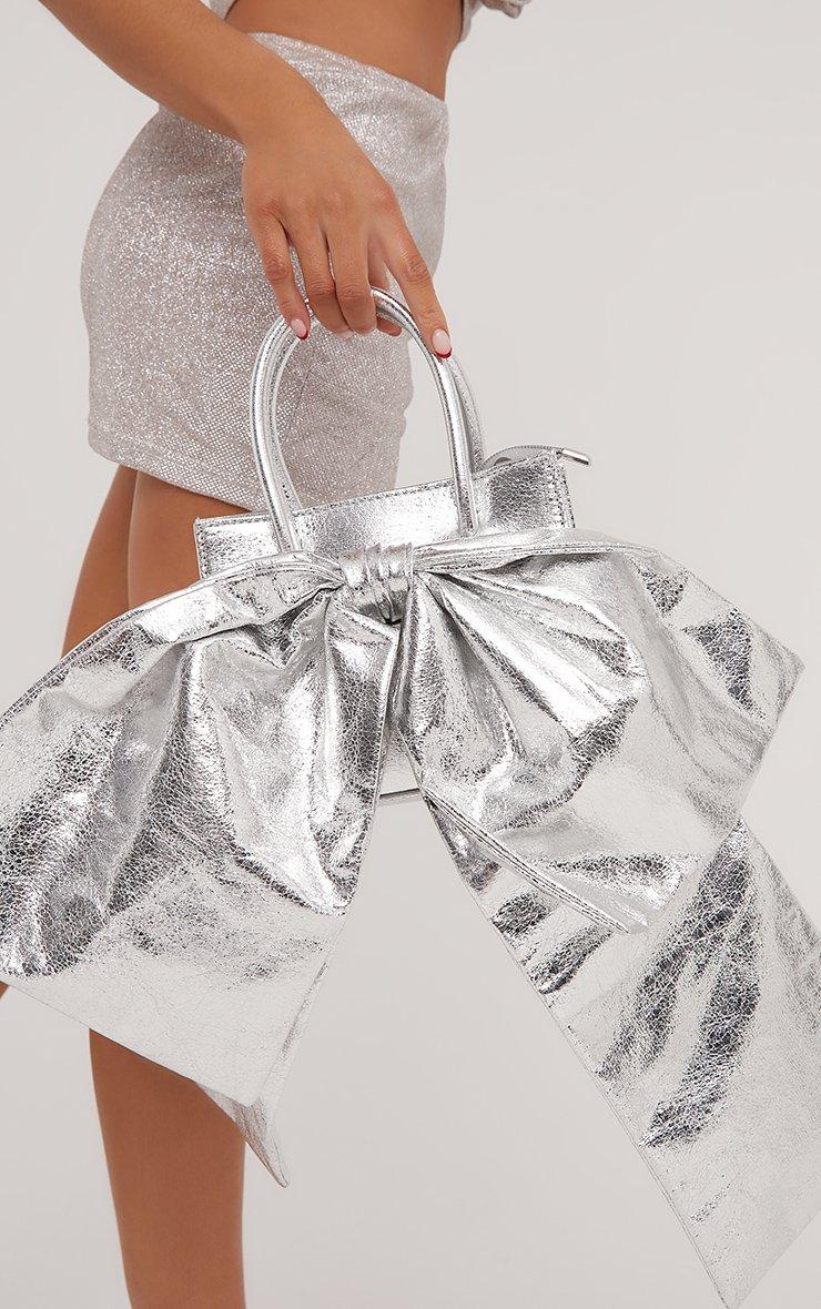 Johnny Oversized Bow Detail Shaped Grab Bag In Silver Faux Leather