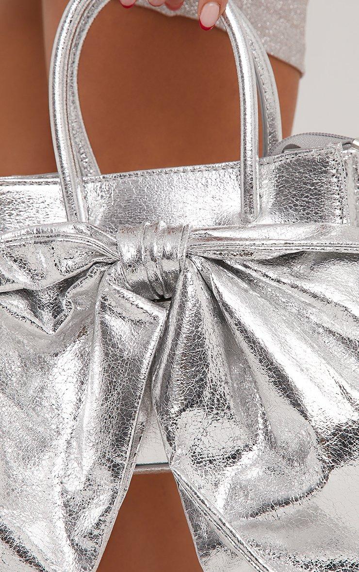 Johnny Oversized Bow Detail Shaped Grab Bag In Silver Faux Leather