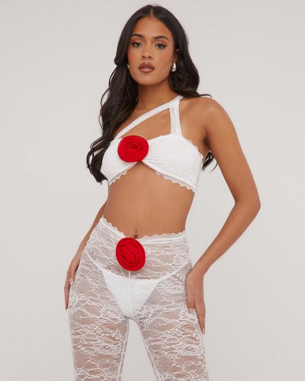 Cross Strap Rose Detail Crop Top In White Lace
