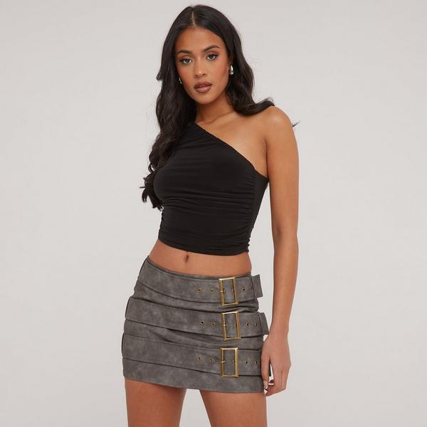High Waist Ruched Detail Mini Bodycon Skirt In Grey Slinky