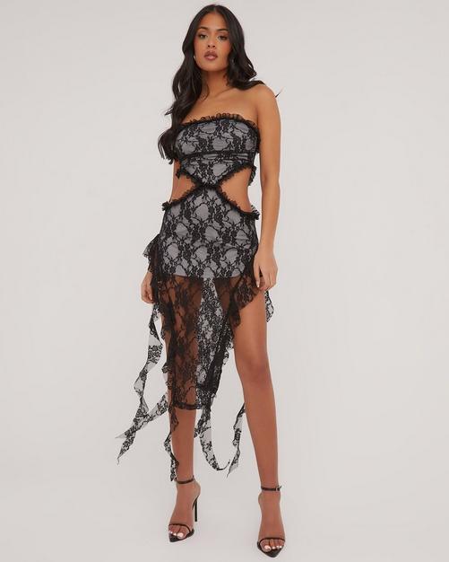 Black Lace Bandeau Underwired Sheer Midaxi Dress