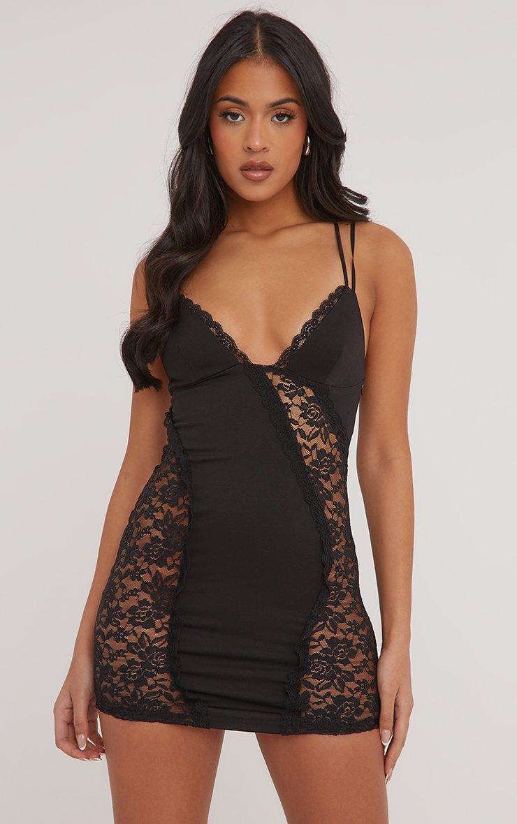 black strappy lace velvet insert bodycon dress Jennine Lace-Up Back Midi Dress Black main image 0