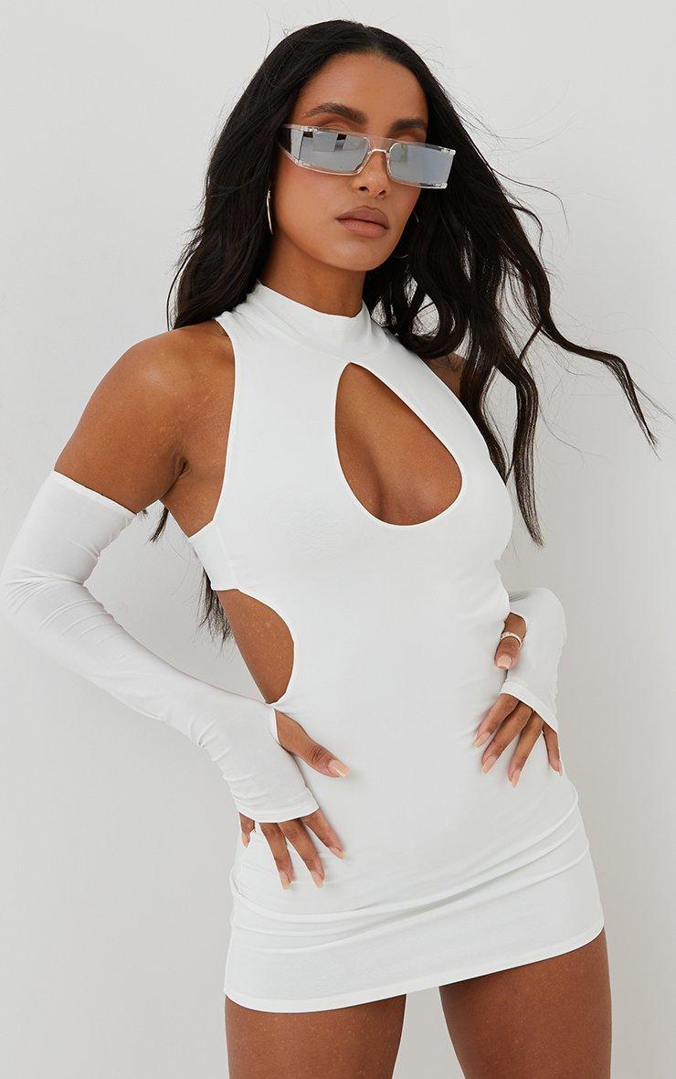 Key Hole Cut Out Mini Bodycon Dress With Sleeves In White | EGO US | EGO