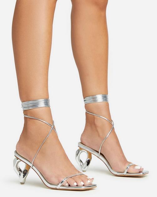 Silver lace up chunky on sale heels