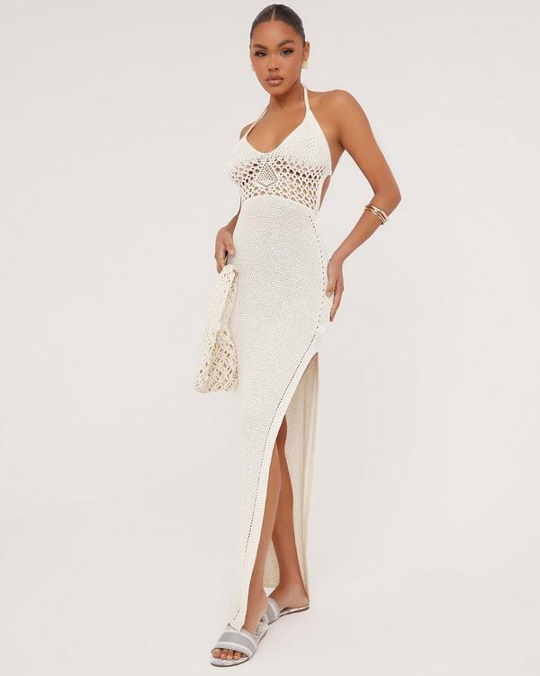 Halterneck Plunge Cut Out Detail Split Side Maxi Dress In Stone Crochet Knit