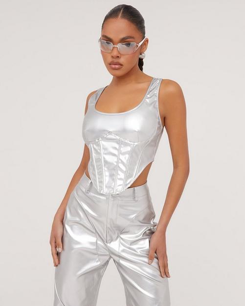 Halterneck Plunge Neck Hook And Eye Corset Top In Silver Metallic