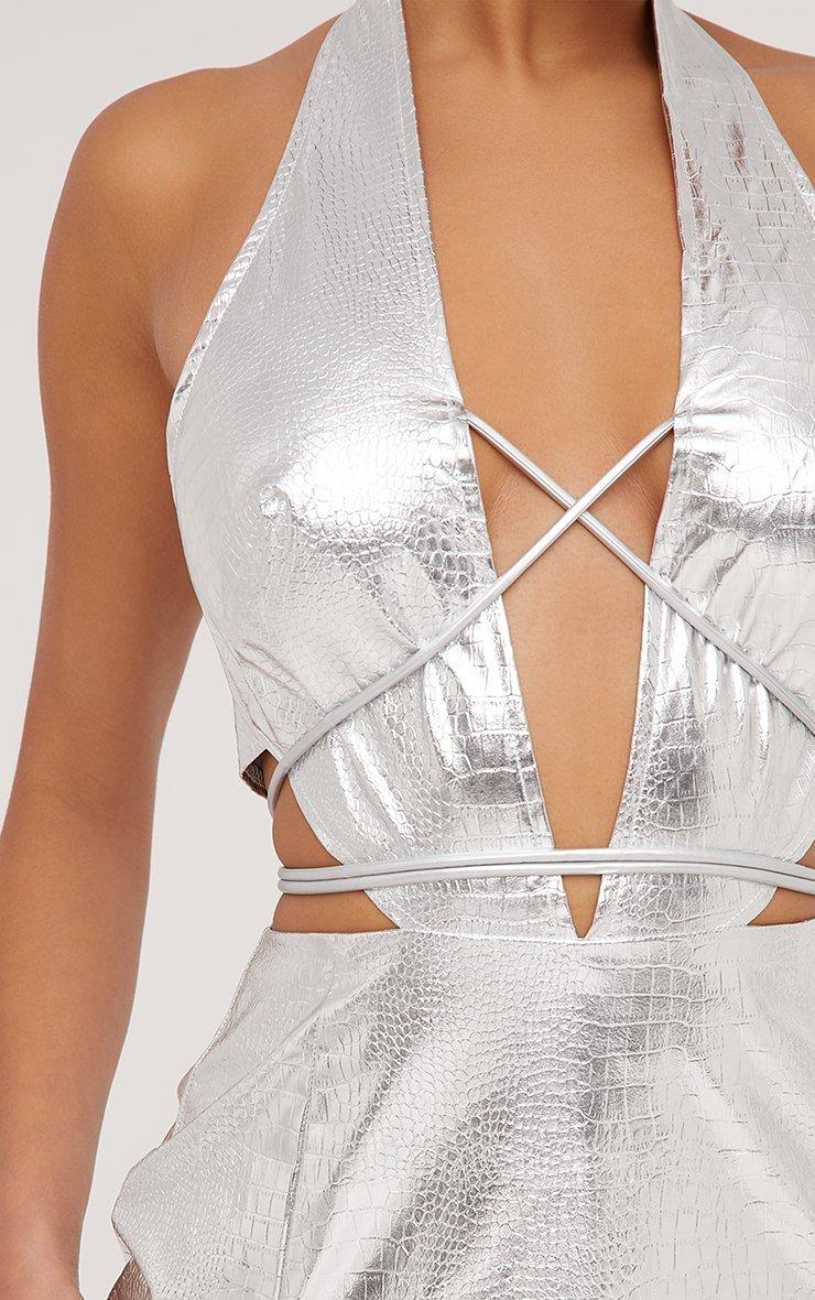 Halterneck Plunge Strappy Detail Split Leg Mini Dress In Silver Metallic  Croc Print Faux Leather | EGO US | EGO