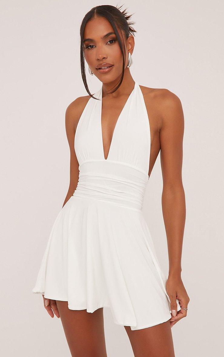Plunge Halterneck Open Back Flippy Hem Mini Skater Dress In Plunge Halterneck Open Back Flippy Hem Mini Skater Dress In