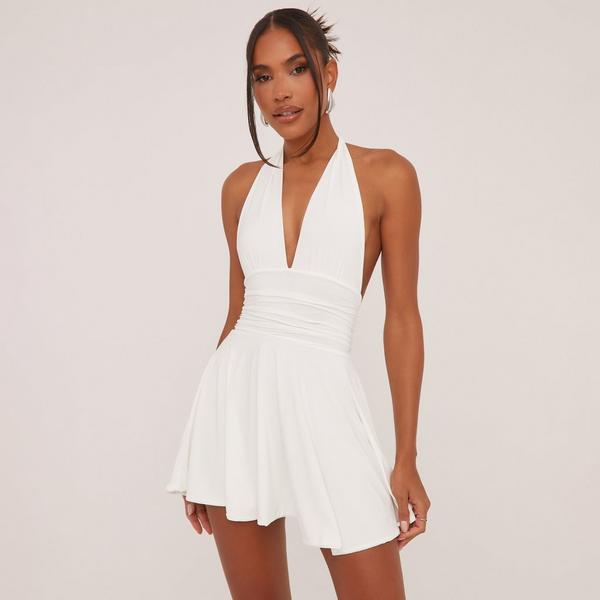 Plunge Halterneck Open Back Flippy Hem Mini Skater Dress In White Slinky