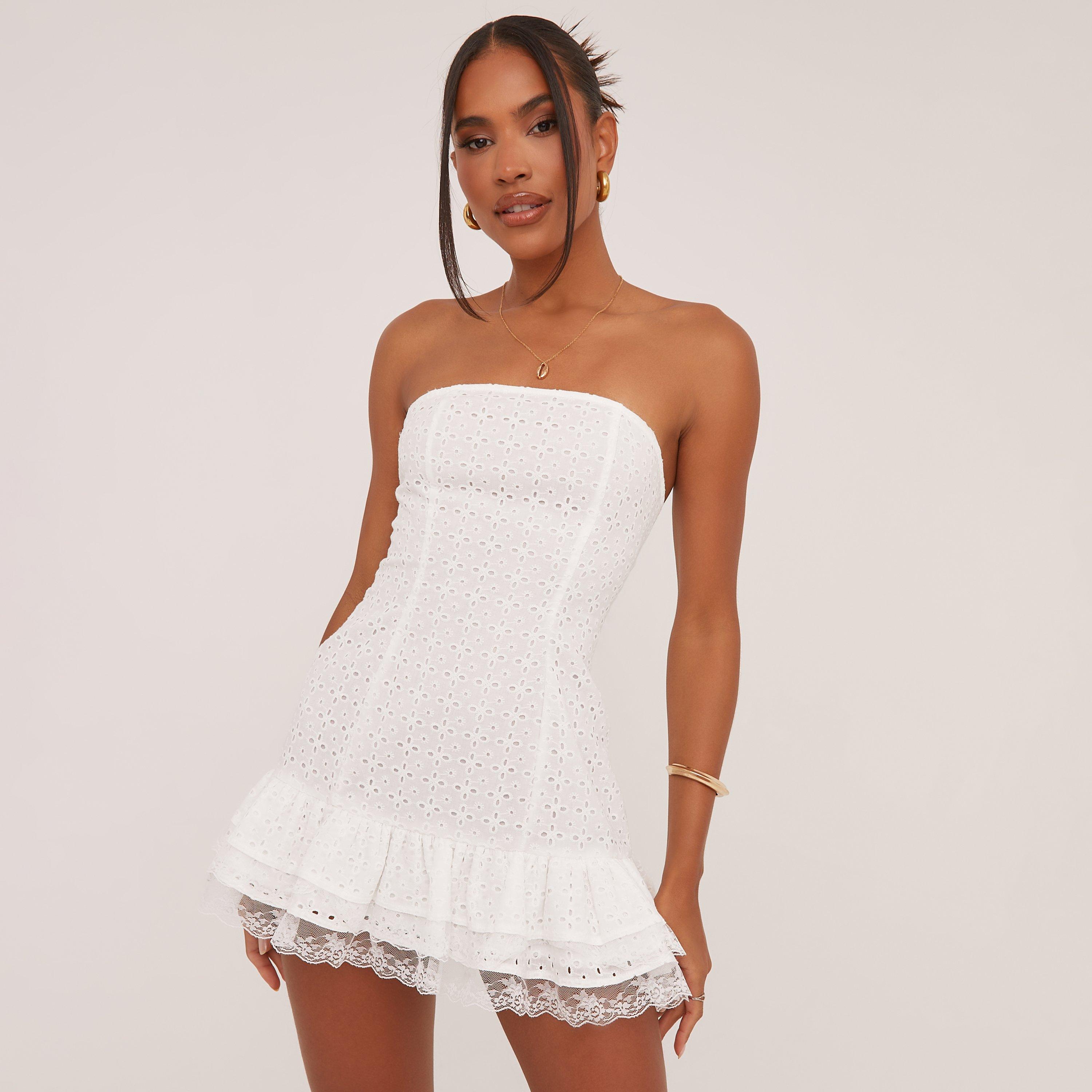 Bandeau Frill Hem Broderie Mini Dress In White, Women’s