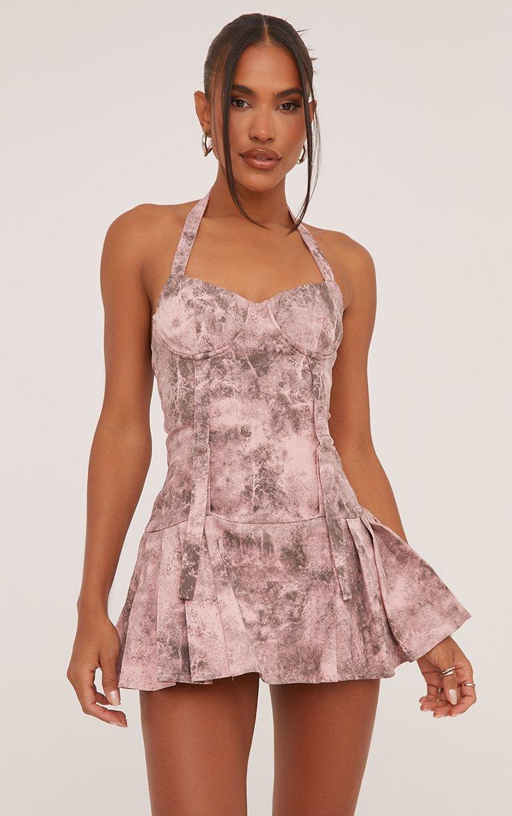 Halterneck Strappy Detail Pleated Mini Dress In Pink Acid