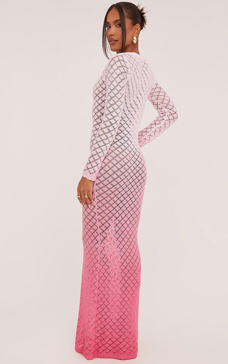 Long Sleeve Plunge Front Maxi Dress In Pink Ombre Crochet Knit | EGO US |  EGO