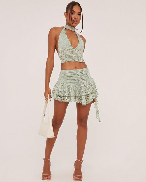 Low Waist Flippy Hem Mini Skirt In Sage Green Lace