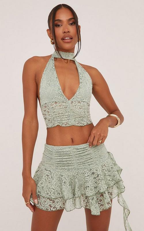 Square Neck Contrast Mesh Detail Crop Top In Yellow Lace | EGO US
