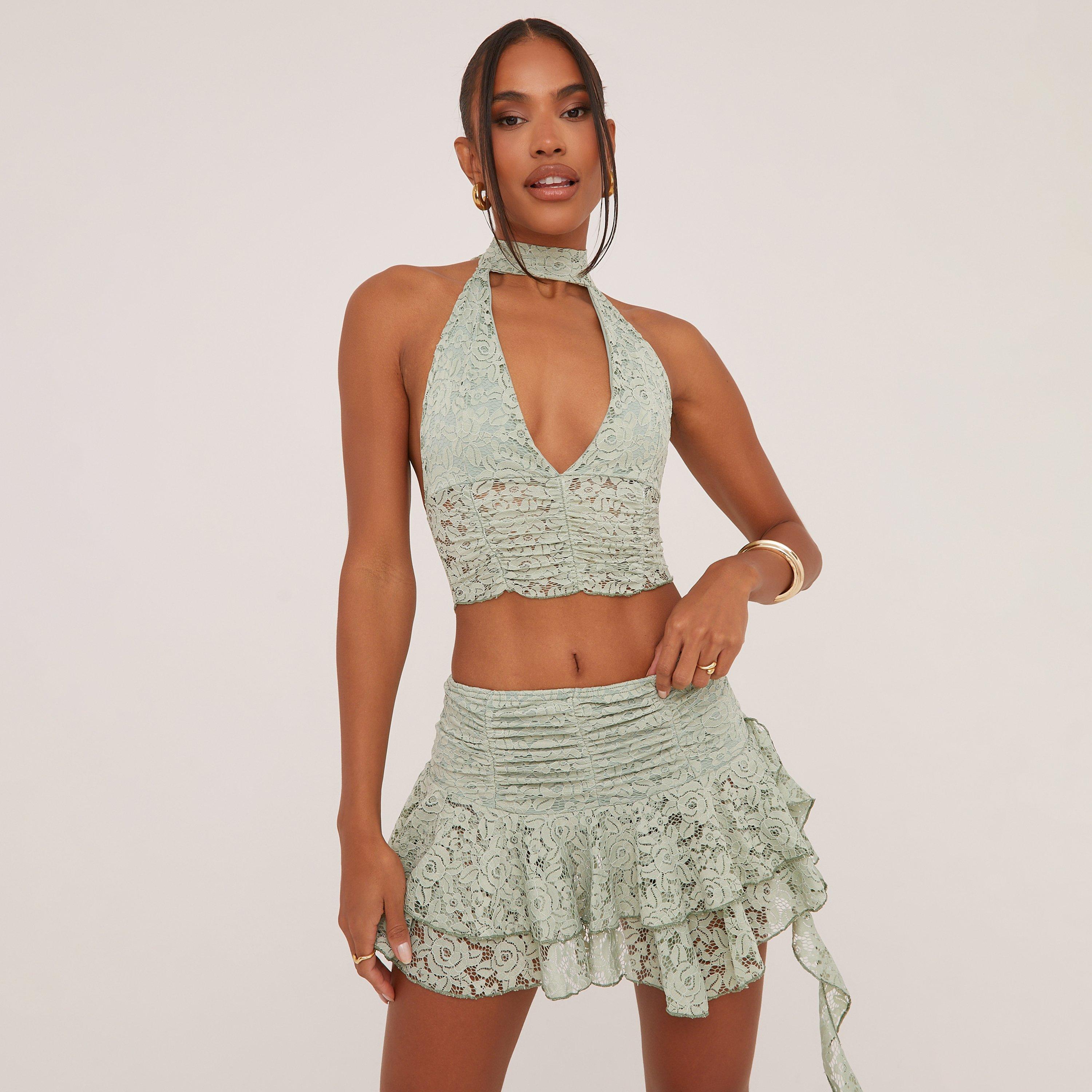 Image of Plunge Choker Ruched Detail Crop Top In Sage Green Lace, Women's