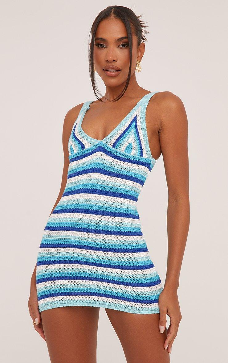 Plunge Mini Bodycon Dress In Multi Blue Stripe Crochet Knit | EGO