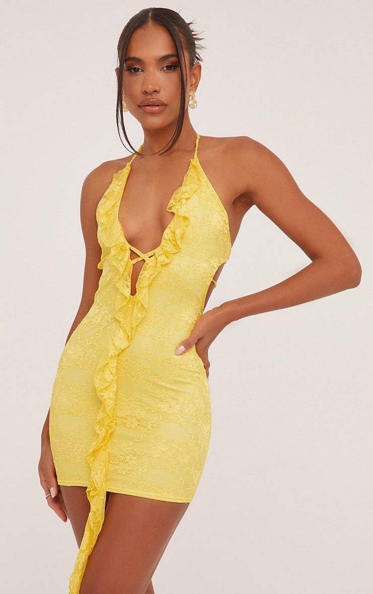 Plunge Halterneck Frill Detail Mini Bodycon Dress In Yellow Lace | EGO US |  EGO