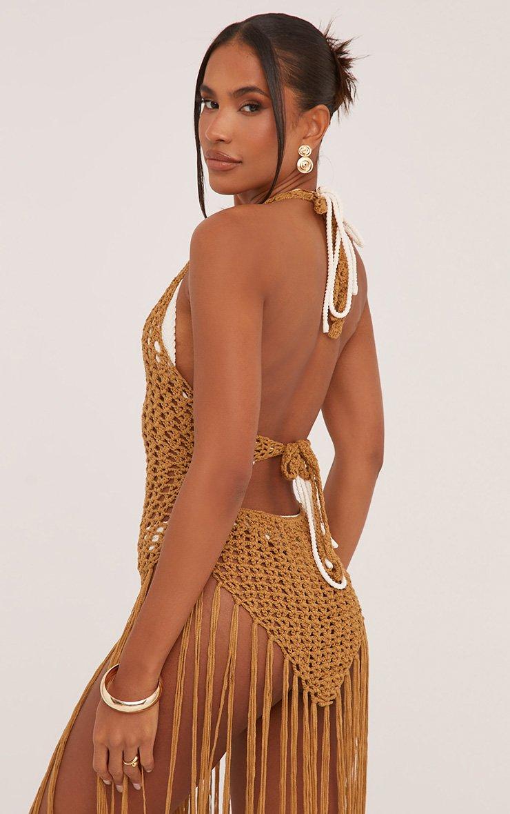 Halterneck Tassel Hem Mini Beach Dress In Stone Crochet Knit | EGO US | EGO