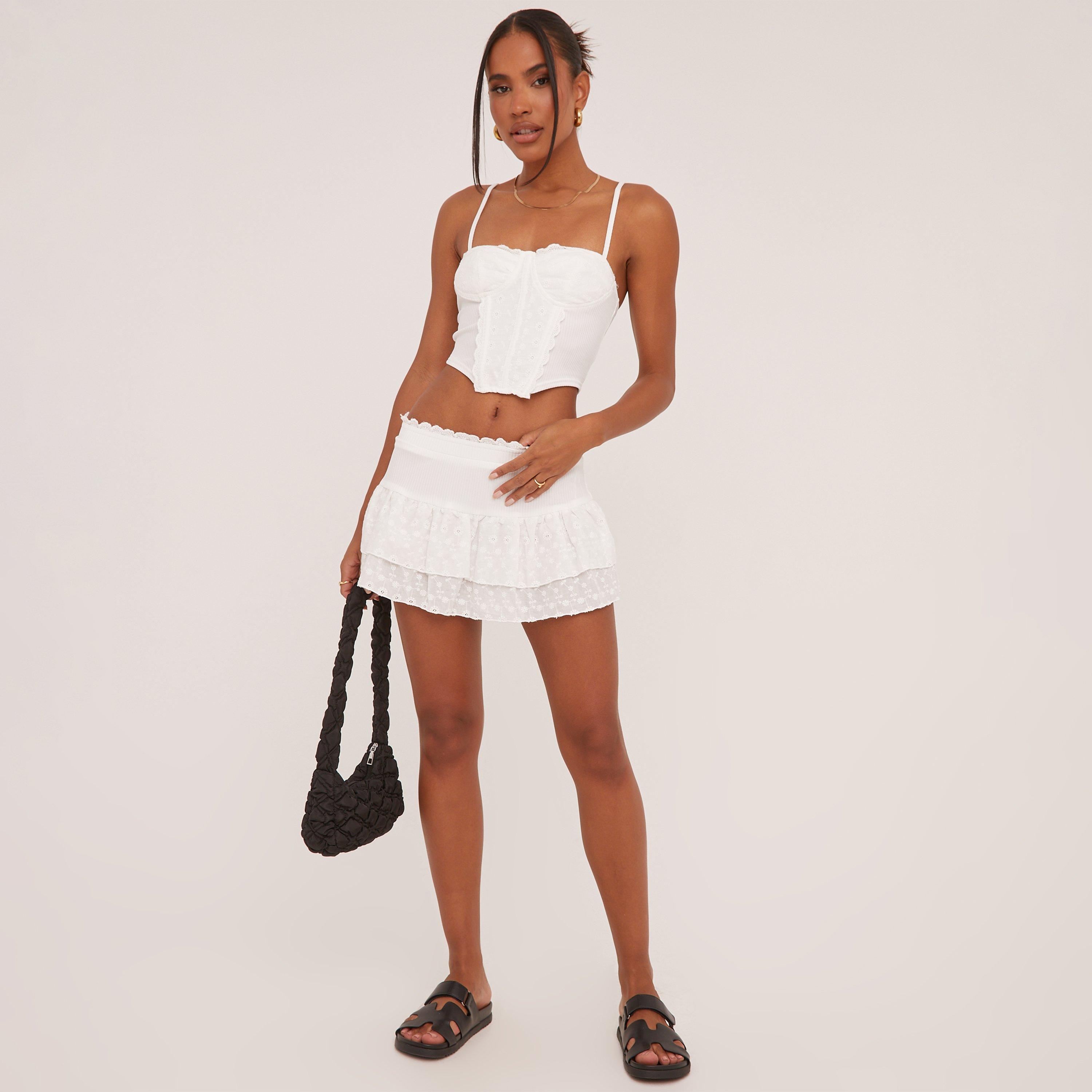 Low Rise Frilly Broderie Mini Skirt In White, Women’s