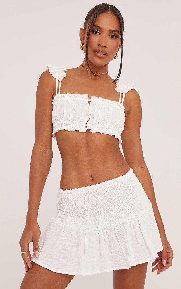 Square Neck Button Front Shirred Crop Top In White Textured Woven