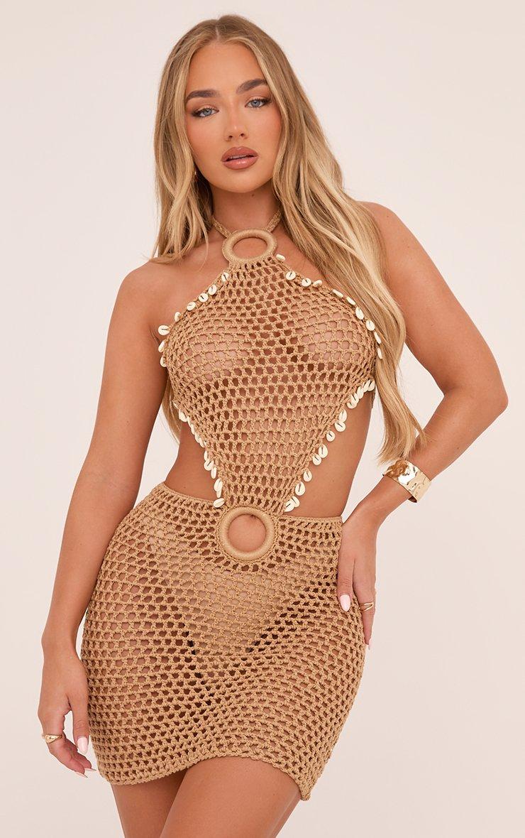 brown shell dress Brown Recycled Spandex Shell Belt Long Sleeve Dress main image 1