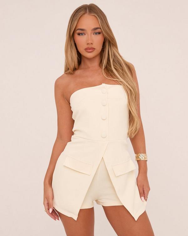Bandeau Button Front Tailored Playsuit In Cream