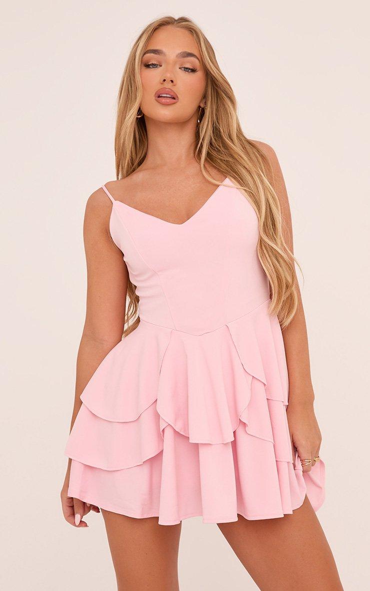 Strappy V Neck Open Back Frilly Hem Mini Dress In Pink | EGO UK | EGO