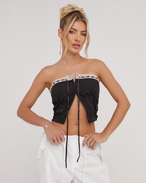 Bandeau Contrast Lace Detail Hook And Eye Corset Top In Black