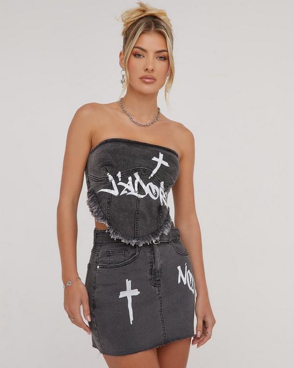 Black Wash Denim Bandeau Corset Top