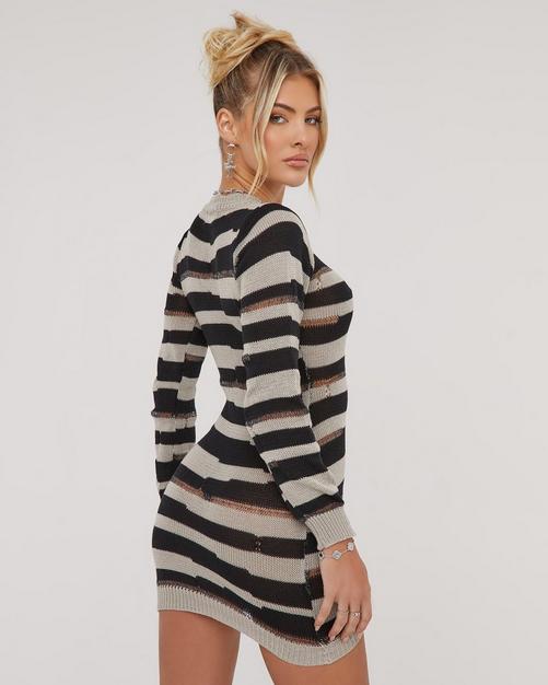 Long Sleeve Backless Thong Detail Mini Bodycon Dress In Black