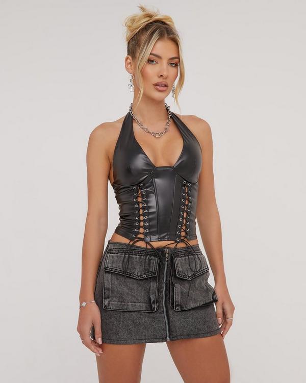 Plunge Halterneck Lace Up Detail Structured Corset Top In Black Faux  Leather