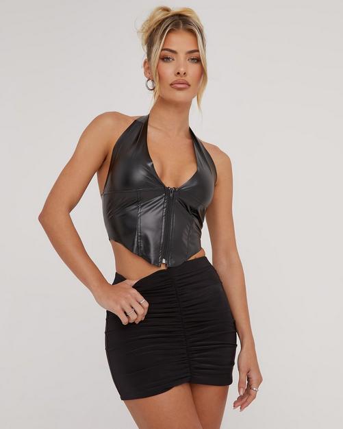 Extreme Plunge Neck O Ring Detail Tie Back Top In Black Mesh