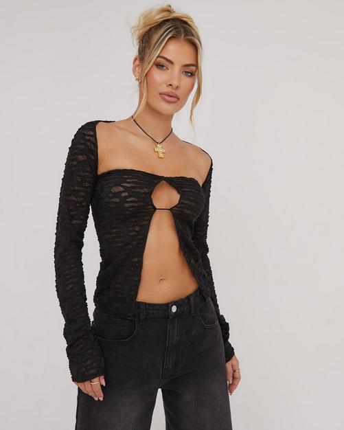 Black Textured Twist Front Bandeau, Tops