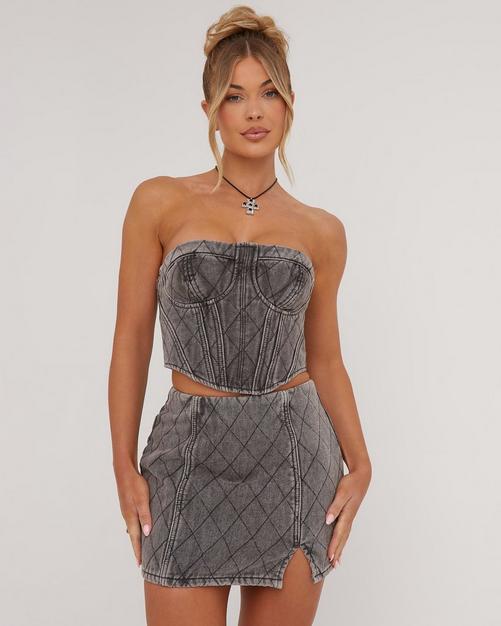 Bandeau Frayed Detail Structured Corset Top In Charcoal Denim