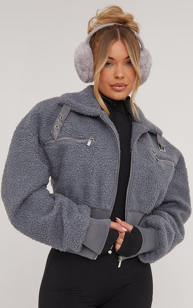 Cinched Waist Cropped Bomber Jacket In Grey Borg | EGO US | EGO